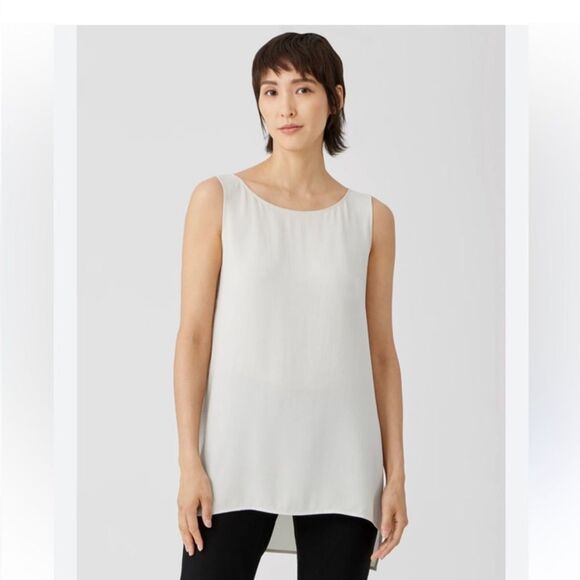 Eileen Fisher NWT Silk Georgette Crepe Bateau Neck Tank in Bone Large MSRP $218 - Picture 1 of 6